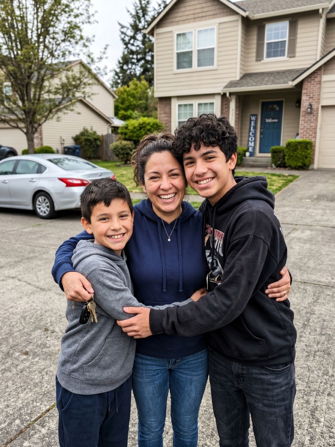 Madre e hijos celebrando el cierre de su casa con E&E Funding