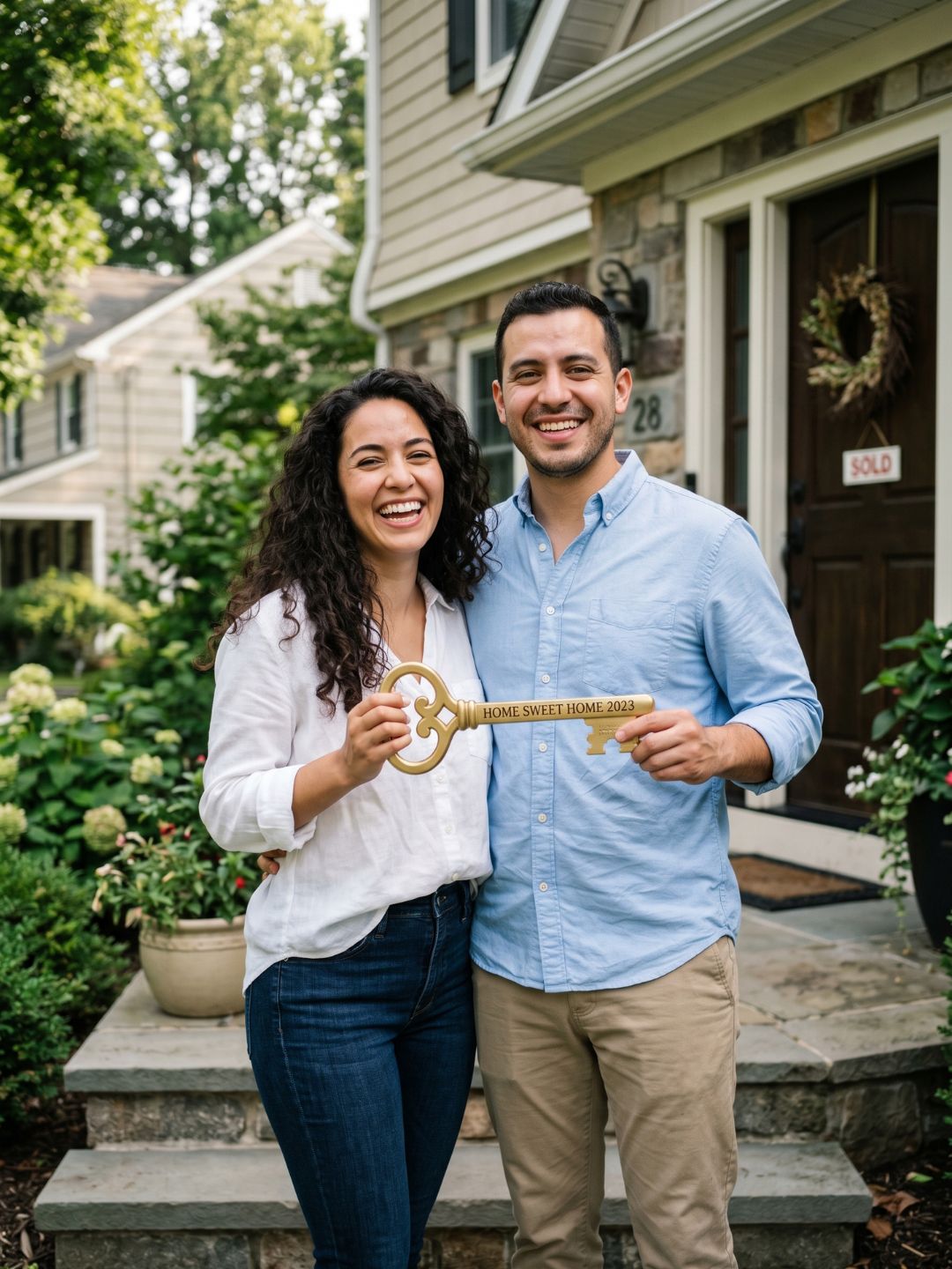 Pareja hispana frente a su nueva casa con préstamo FHA